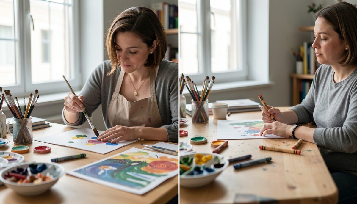 A side-by-side view of two tables: one with a tutor demonstrating brush technique, the other with an art therapist listening quietly as a participant holds a crayon.