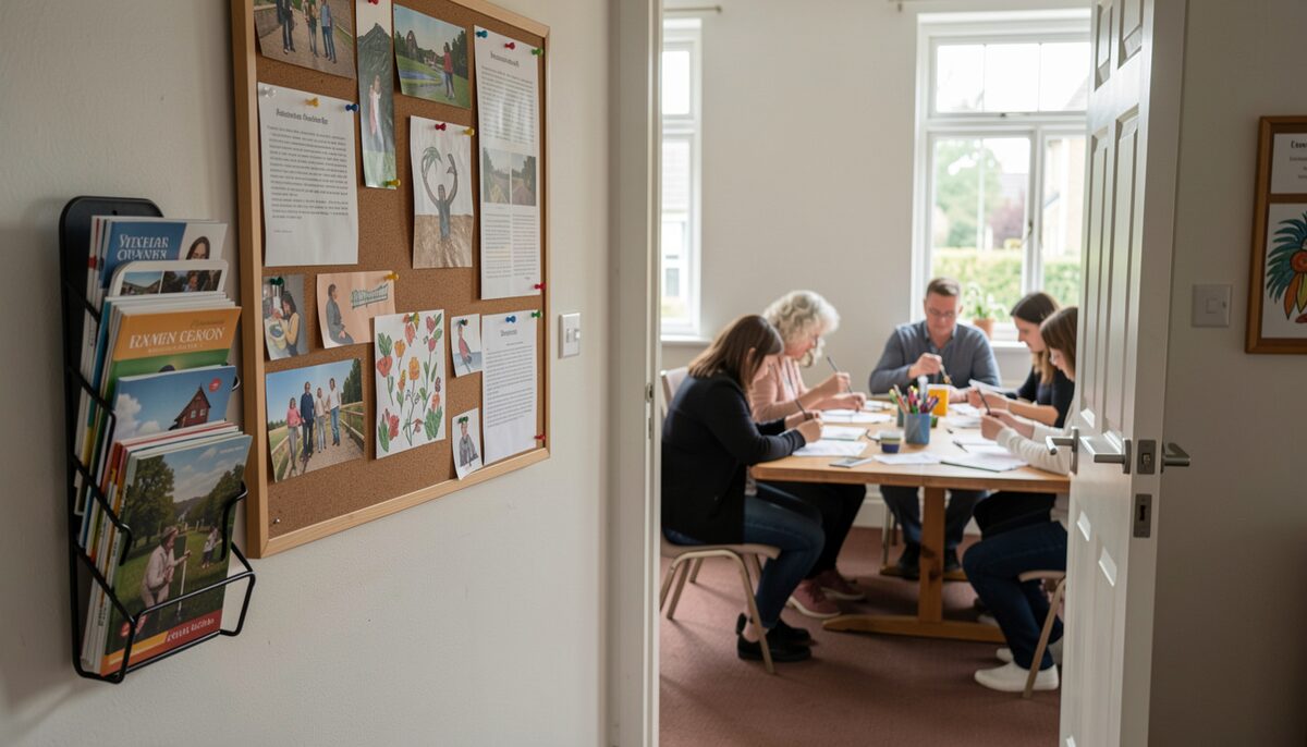 A community centre noticeboard with a leaflet rack beside it, and through an open door a group sits around a table making collages.