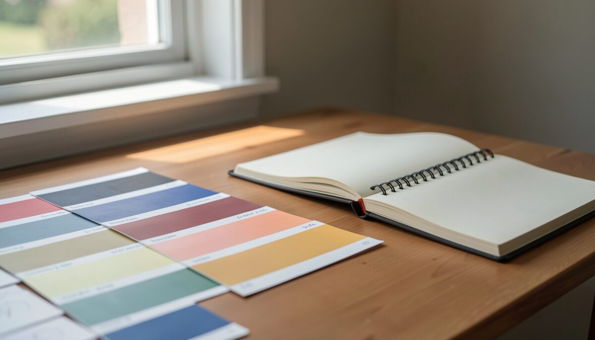 A set of paint swatches spread across a table beside an open sketchbook, with soft afternoon light coming through a nearby window.