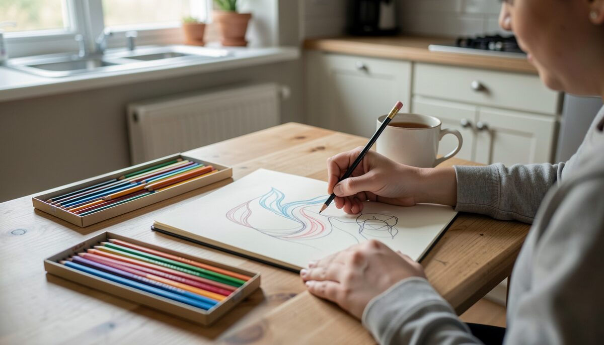 A person seated at a kitchen table drawing abstract shapes in a sketchbook, with a box of coloured pencils and a cup of tea nearby, natural light from a nearby window.