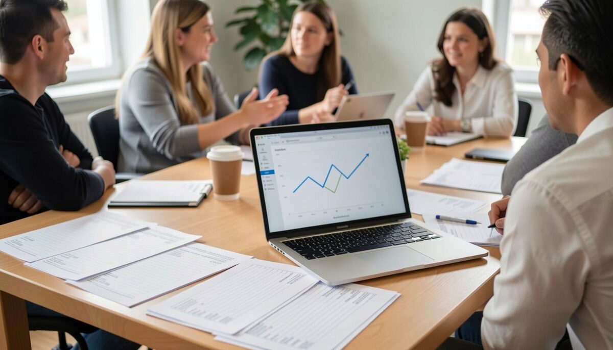 A table covered with completed feedback forms, a laptop showing a simple chart, and several participants talking in the background.