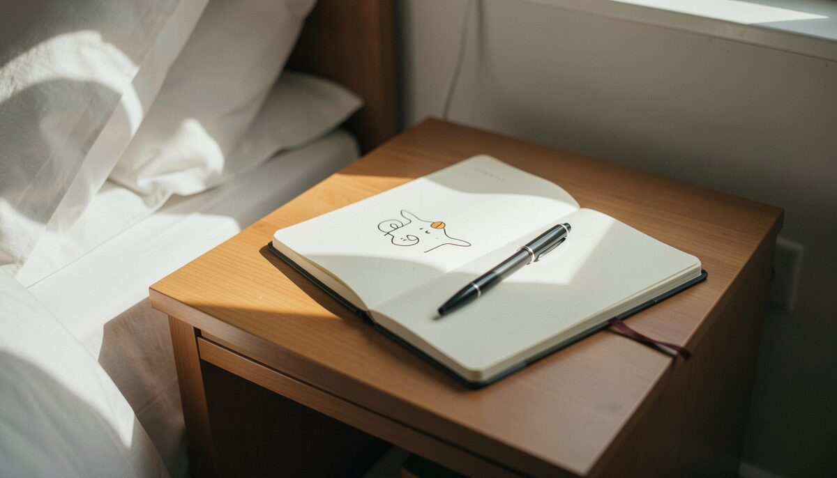 A small notebook open on a bedside table with a pen and a simple doodle, morning light falling across the page.
