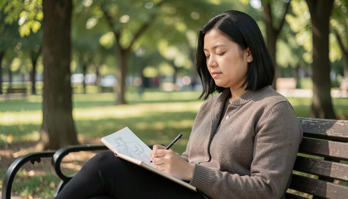 A person sitting on a park bench with a small sketchbook, drawing loose lines, eyes half closed, surrounded by trees.