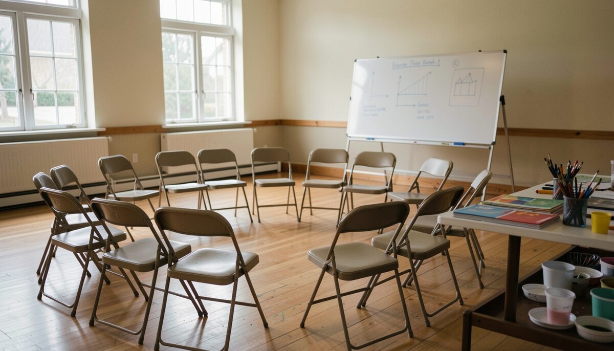 A circle of folding chairs in a community hall with a flipchart on an easel and a table of art materials ready for a workshop.