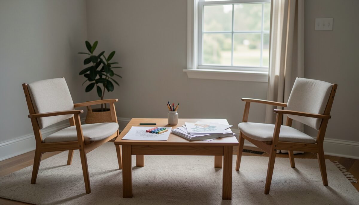 A calm room with two chairs facing a low table holding paper, pastels, and a small stack of finished drawings, soft daylight from a side window.